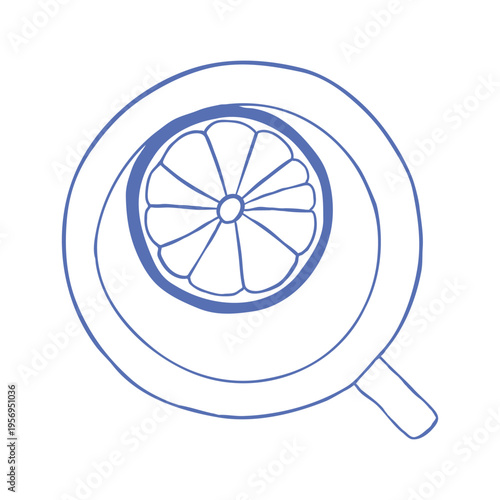 Cute whimsical hand drawn tea cup with lemon slice in top view. Cozy doodle tea illustration in Mediterranean kitchen style perfect for cafe menu, tea packaging, kitchen decor and food themed graphics