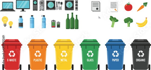 Recycling and Waste Separation Concept Set with E-Waste, Plastic, Metal, Glass, Paper, and Organic Waste Bins for Sustainability Design