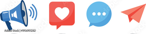 Social Media Communication Icons Set with Megaphone, Heart, Chat Bubble, and Paper Plane in Flat Vector Style for Digital Design Projects