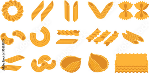 Variety of Pasta Shapes and Types Collection in Flat Vector Style for Cooking, Italian Cuisine, and Food Design Projects