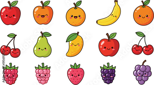 Cute Cartoon Fruits Set with Kawaii Apple, Orange, Banana, Mango, Pear, Strawberry, Raspberry, and Grape Characters for Kids and Food Design