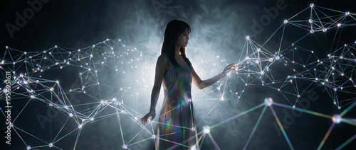 Modern woman touches futuristic network in cinematic lighting connecting data elegantly