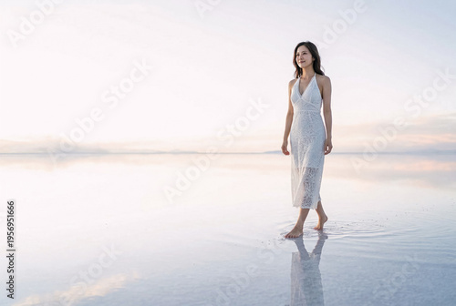 Attractive woman walking reflectively across a serene salt flat at sunset with cinematic lighting