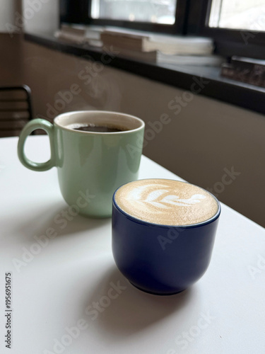 Cappuccino and Americano on Coffee Shop Table. Coffee Business Concept. Handmade Phone Photo, Selective Focus, Non AI