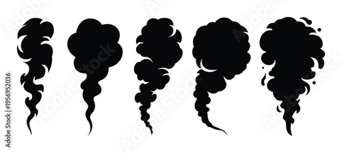Collection of Black Smoke Wisps and Puffs on White Background