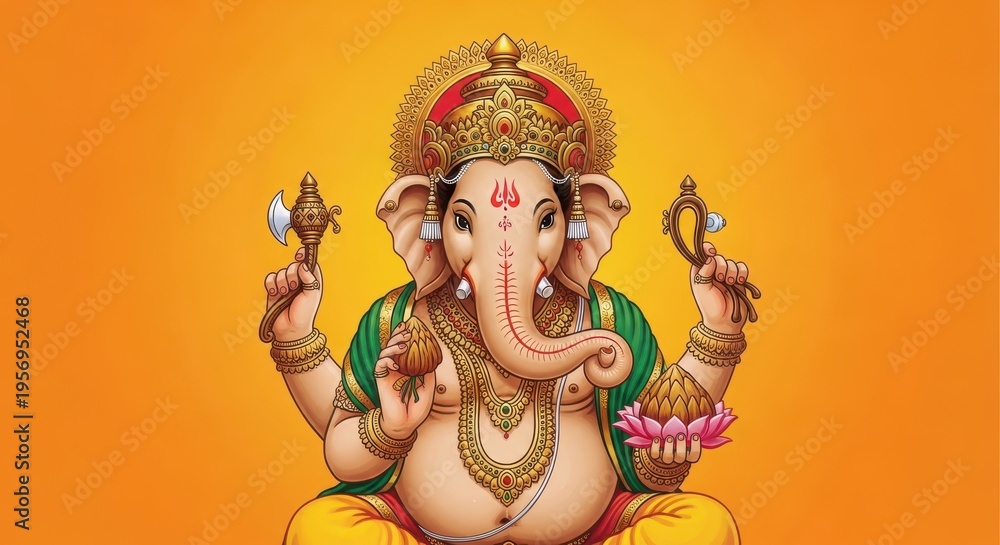 Fototapeta premium golden ganesha statue on vibrant orange background