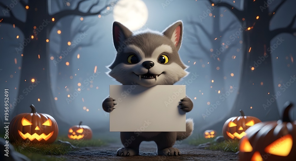 Fototapeta premium A cartoon raccoon in a spooky forest with jack o lanterns on a full moon night