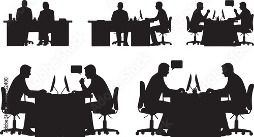 Silhouettes of businesspeople working at desks in office settings
