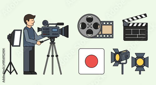 Filmmaking equipment and crew: camera, lights, clapperboard, film reel, Japanese flag symbol
