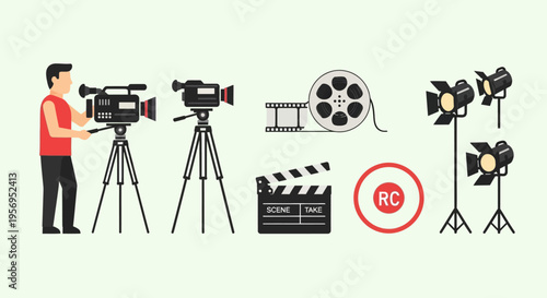 Filmmaking equipment and crew, video production, cinema, movie making, professional camera, lighting