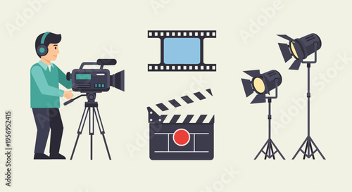 Filmmaking equipment and crew member with camera, film strip, clapperboard, and studio lights