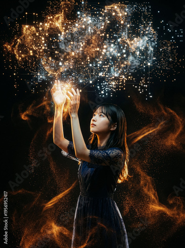 Asian woman connects to neural network with cinematic lighting and futuristic design