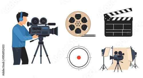 Filmmaking equipment and crew, camera, film reel, clapperboard, lighting, viewfinder