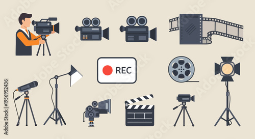 Filmmaking Equipment Icons: Camera, Clapperboard, Lights, Microphone, Film Reel, Rec Button