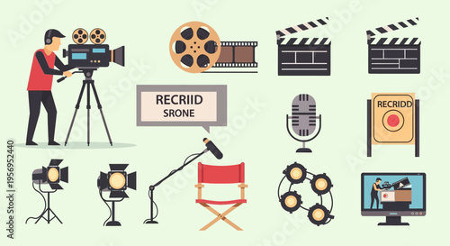 Filmmaking equipment icons: camera, film reel, clapperboard, microphone, spotlights, director's chair