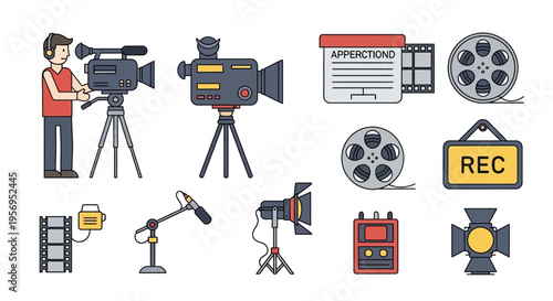 Filmmaking Equipment Icons: Camera, Microphone, Film Reel, Rec Light, Script