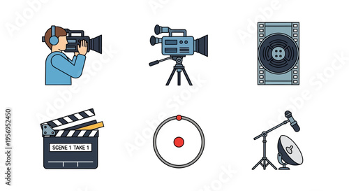 Filmmaking Equipment Icons: Camera, Microphone, Clapperboard, Film Reel, Director's Viewfinder