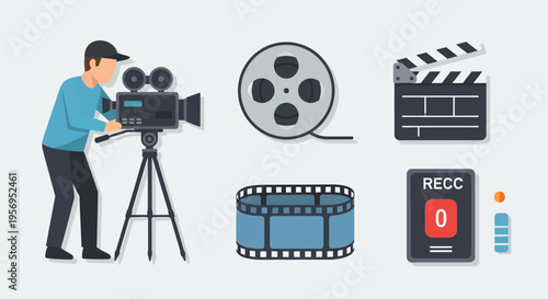 Filmmaking equipment icons: director, camera, film reel, clapperboard, film strip, recorder