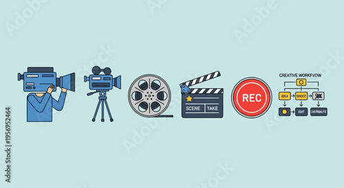 Filmmaking Icons: Camera, Film Reel, Clapperboard, REC Button, Workflow Diagram