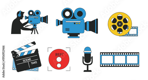 Filmmaking Icons: Camera, Clapperboard, Reel, Microphone, and Recording Symbols