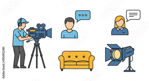 Filmmaking icons: cameraman, actors, sofa, spotlight, speech bubbles