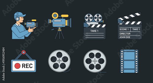 Filmmaking Icons Set: Camera, Clapperboard, Film Reels, Director, Recording Sign