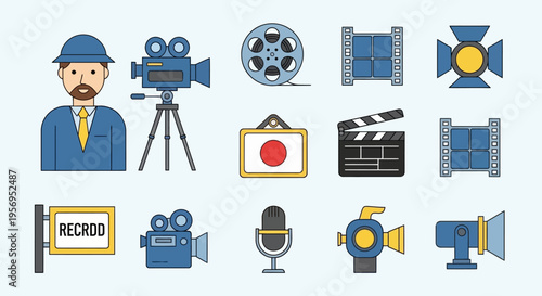Filmmaking Icons: Director, Camera, Film Reel, Spotlight, Clapperboard, Microphone, Set Sign