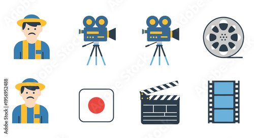 Filmmaking Icons: Sad Worker, Cameras, Film Reel, Clapperboard, Japanese Flag