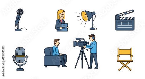 Video Production Icons: Microphone, Camera, Director's Chair, Interview, Spotlight