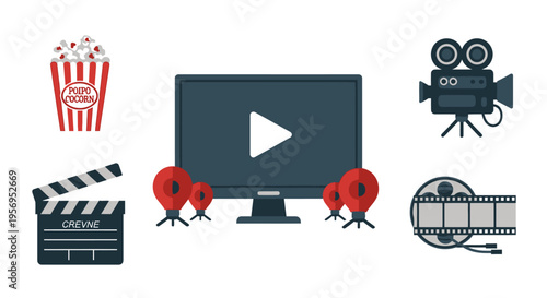 Cinema movie icons: popcorn, clapperboard, camera, film reel, monitor, spotlights