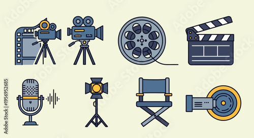 Film Production Icons Set: Cameras, Microphone, Film Reel, Clapperboard, Spotlight, Chair