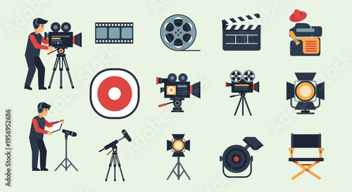 Film Production Icons: Camera, Clapperboard, Lights, Director's Chair, Crew