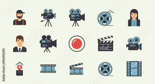 Film Production Icons: Camera, Clapperboard, Film Reel, Director, Actor, Recording Button