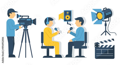 Filmmaking and Interview Setup: Camera, Lights, Clapperboard, and Interviewees