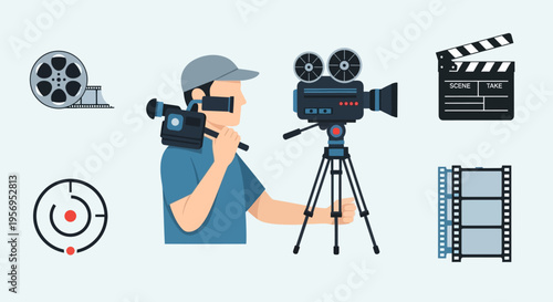 Filmmaker with camera, film reel, clapperboard, and viewfinder icons