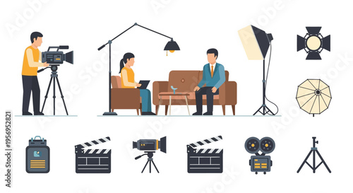 Filmmaking and Interview Setup: Camera, Lights, Clapperboard, Director, Interviewer