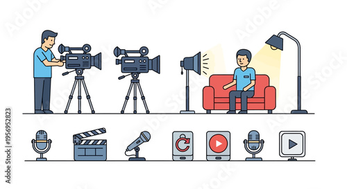 Filmmaking and video production icons and illustrations: cameras, lighting, clapperboard, microphone, editing