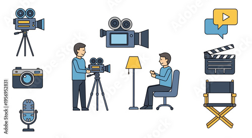 Filmmaking and Video Production Icons and Scene: Camera, Microphone, Director's Chair, Clapperboard