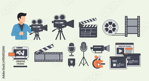 Filmmaking and Video Production Icons: Camera, Clapperboard, Microphone, Reel