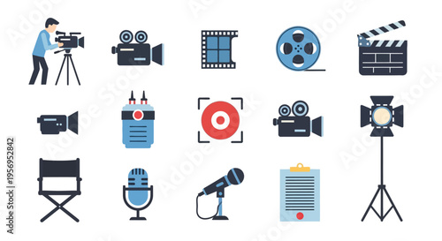 Filmmaking and Video Production Icons: Camera, Clapperboard, Lights, Microphone, Film Reel