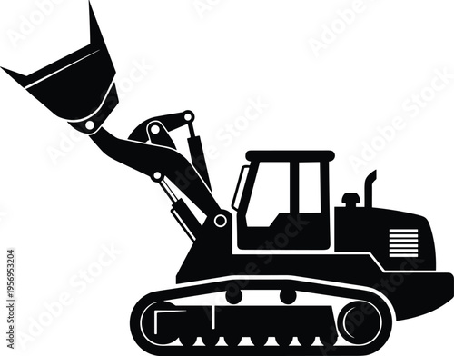 Black excavator silhouette illustration isolated on gray background, construction machinery icon, heavy equipment loader graphic, industrial vehicle symbol for engineering, building, and