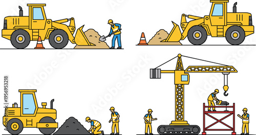 Construction machinery and workers set illustration with loader, crane and road roller, heavy equipment operating on building site, engineering, infrastructure and industrial work concept