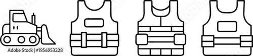 Construction safety vest and bulldozer line icons set, protective workwear and heavy machinery outline illustration for engineering, industrial safety, building site and equipment concepts