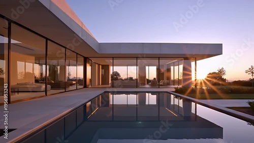 Wallpaper Mural Modern home with a rectangular pool reflecting the architecture and warm sunset Torontodigital.ca