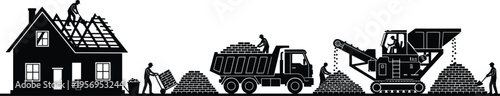 Construction process silhouette with house building, workers, dump truck and crusher machine, industrial workflow illustration for engineering, infrastructure development and building site