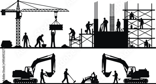 Construction site silhouettes with crane, excavators and workers building structure, industrial engineering scene showing heavy machinery, labor team and infrastructure development 