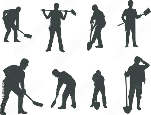 Construction workers silhouette set with shovels and tools, labor team digging and working poses, industrial workforce illustration for building, engineering and infrastructure concepts