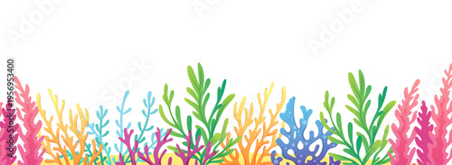 Bottom frame, border with sea corals. Decorative illustration for bottom edge. Sea background
