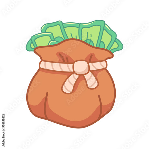 Bag of money with coins spilling out. Kawaii vector icon for wealth, prizes, or kids financial content. Isolated illustration