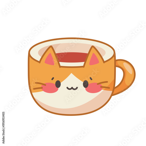 Cup, mug in the shape of ginger cat or fox. Cute tableware, isolated. Vector cartoon illustration